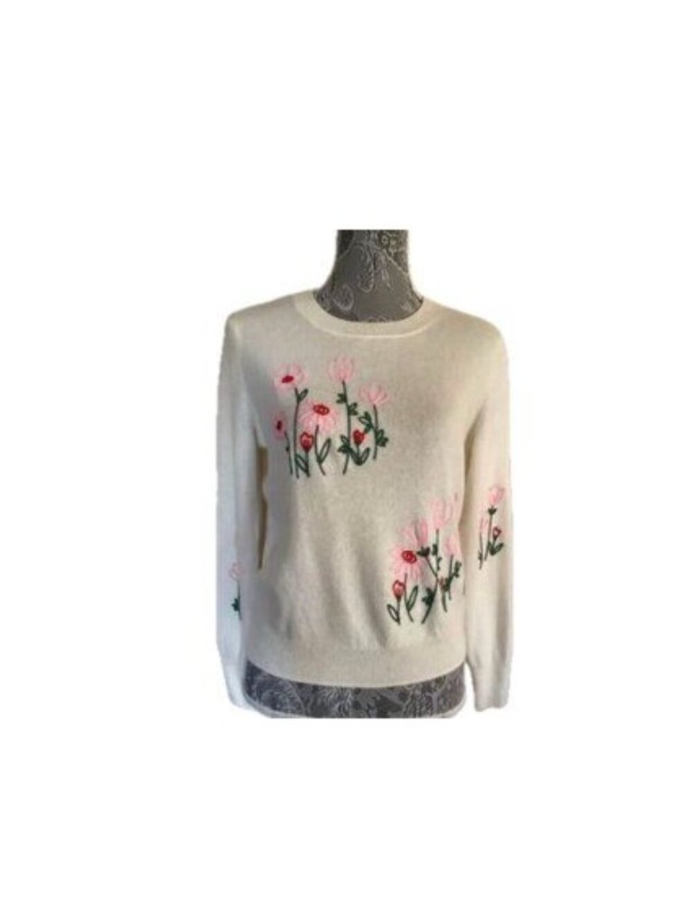 Cynthia Rowley 100% Cashmere Sweater Embroidered Florals on Cream Womens XL NEW